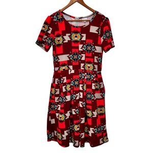 LuLaRoe Amelia Red Geometric Southwest Print Short Sleeve Fit Flare Dress Size L